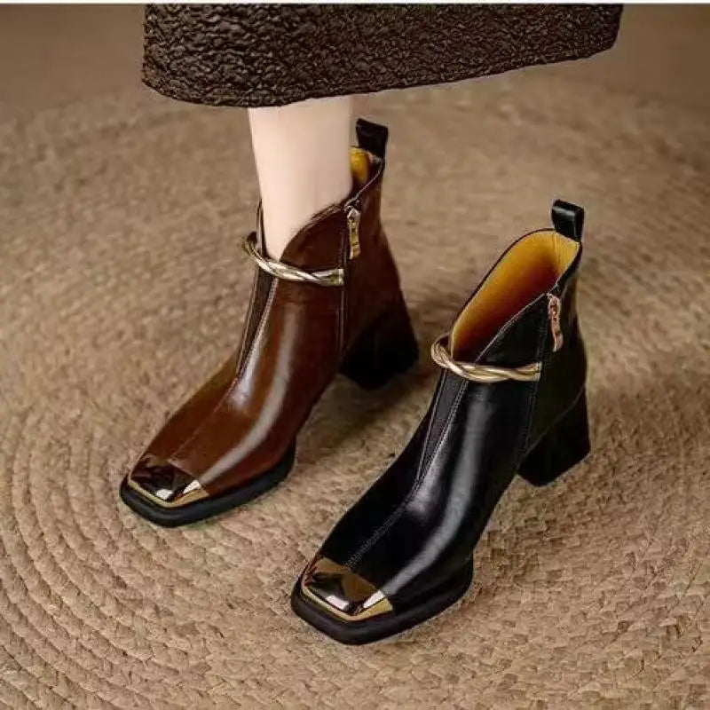 Designer Metal Decorat Thick High Heel Ankle Boots Wome Winter 2026 Warm Short Plush Black Short Boots Woman's Elegant Booties