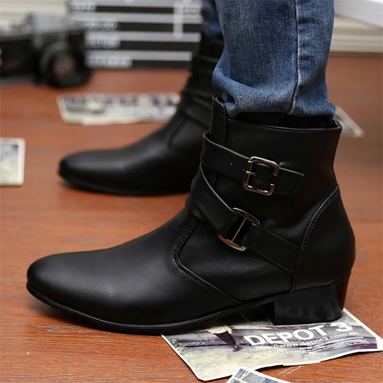Leather Chelsea Boots Men Designer 2024 White Dress Boots Men Casual High top Buckle Strap Formal Shoes Men Motorcycle Boots