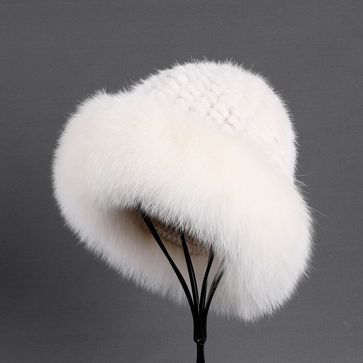 Women's Winter Warm Genuine Premuim Mink Fur Knitted Bucket Hat Furry Real Fur Caps Big Fox Fur Trim Brim Adjustable