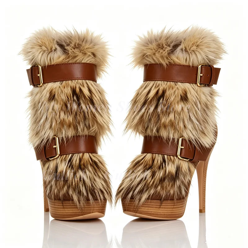 Fur Knee High Platform Boots Thin High Heel Buckle Strap Zipper New Arrivals Hot Sale 2026 Winter Women Dress Shoes Handmade