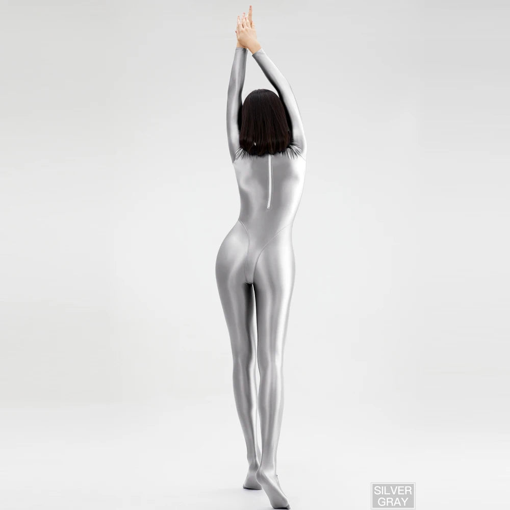 2023 AMORESY Women's Catsuit Playsuits Wetlook Shiny Glossy Tights Zipper Leotards Fullbody Overall Zentai Jumpsuits