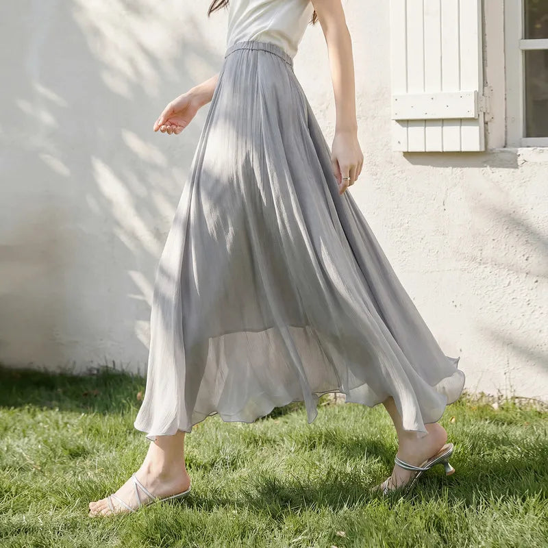 SENTUBILA Women's Summer Skirt 2026 Elegant Elastic Waist Sheen Flowy A Line Long Skirt for Woman Ladies Clothes 162QG4909