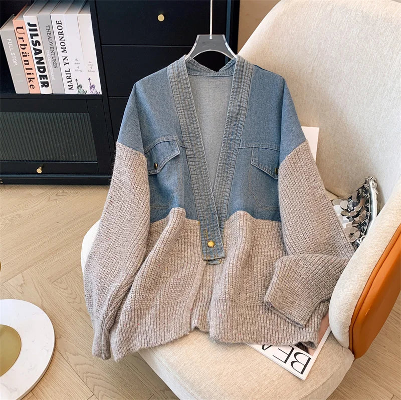 Fat mm200 Pounds Vintage Denim Patchwork Sweater Coat ins Fashion Woman 2024 Autumn and Winter Thickened Loose Niche Cardigan