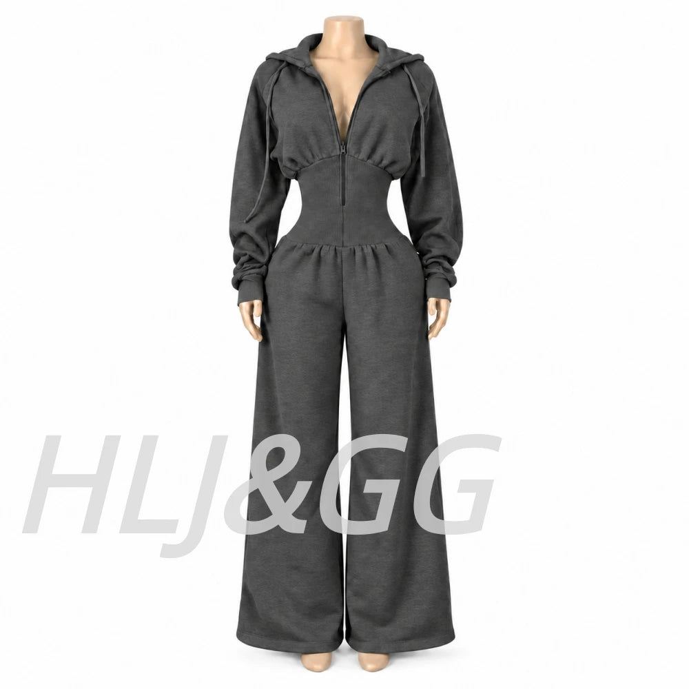 HLJ&GG Autumn Light Fleece Hooded Wine Leg Pants One Piece Jumpsuits Women Zipper Long Sleeve High Waist Sweat Sport Sportswears