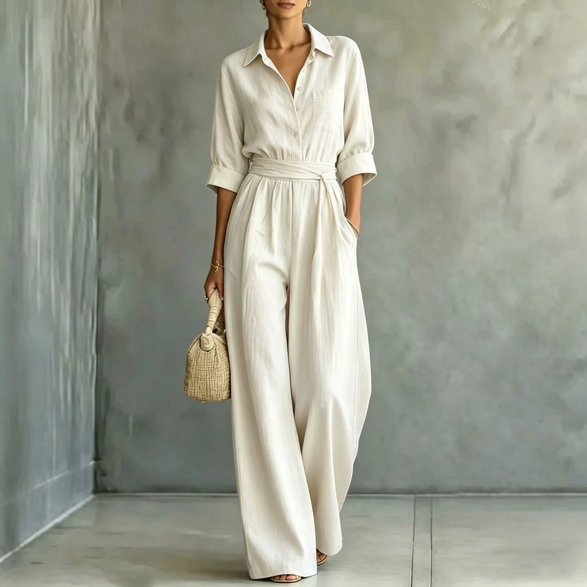 Women's Mid-sleeve Shirts Jumpsuits Spring Summer New 2026 New Fashion Elegant Waisted Lace-up Wide-leg Trousers Female Rompers
