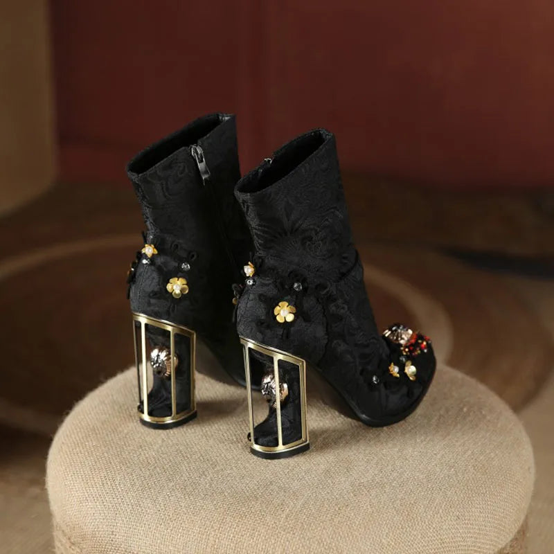 Blue Ladies Party Shoes Velvet Crystal Women's Short Boots For Wedding Plus Size Retro Strange Heels Phoentin FT1671-1