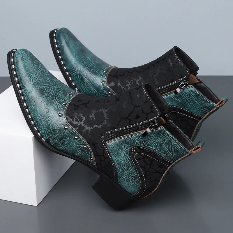 QRLQRL Men Black White Two‑Tone Western Ankle Boots Cracked Leather Panel Side Zipper Pointed Toe Cuban Heel Boots