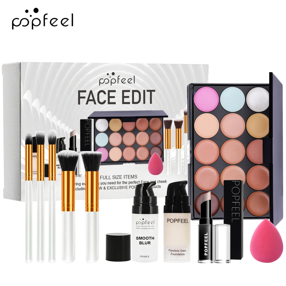 POPFEEL Face Makeup Kit, Waterproof and Sweatproof, Includes Concealer, Primer, Loose Powder, Blush, and More, Ideal for Beginne