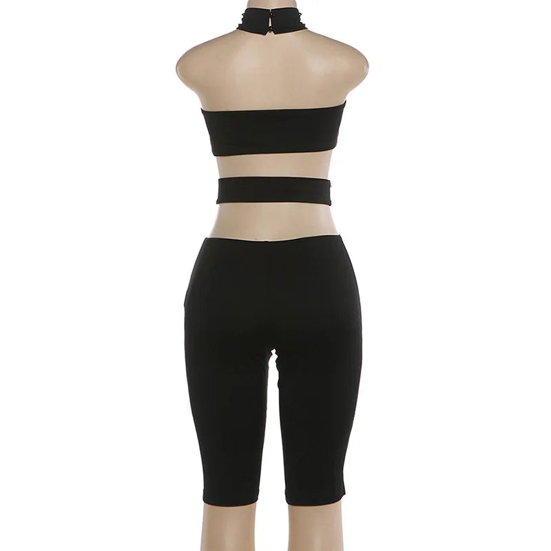 Sexy Halter Neck Cutout Bodycon Jumpsuit Women 2026 Summer Solid Studded Hollow Out Biker Short Romper Party Clubwear Outfits