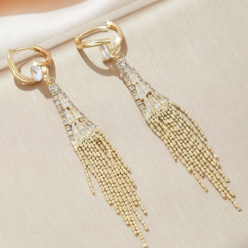 Luxury Cubic Zirconia Long Tassel Golden Earrings for Women Exquisite Water Drop Earring Wedding Party Valentine's Day Gifts