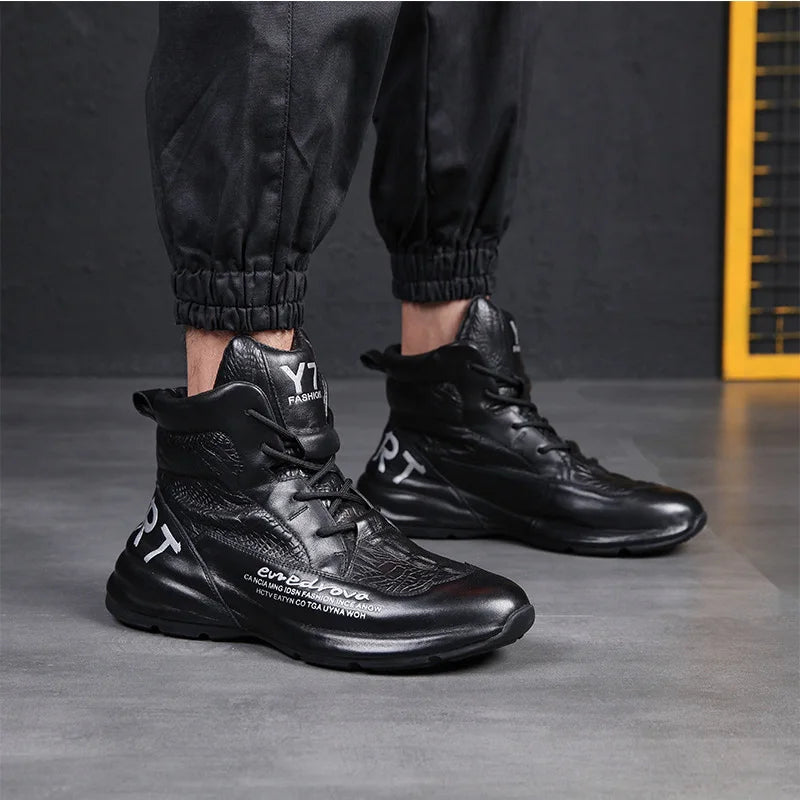 Genuine Leather Winter Boots For Men Crocodile Leather Casual Fleece Warm Shoes Motorcycle Punk Botas Male Loafer Hombre KK419