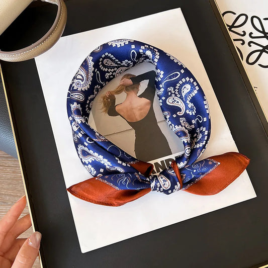 100% Mulberry Silk Square Scarf 53x53cm Royal Blue Paisley Print Neck Scarf Headband Bag Ribbon Vintage Elegant Gift For Women