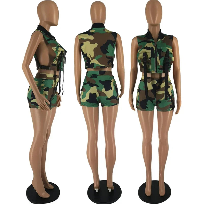 Camouflage Print Shorts Two Piece Set for Women Sleeveless Button Pockets Zipper Vest Crop Top and Shorts Matching Sets Outfits