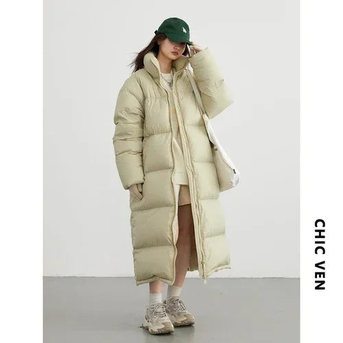 CHIC VEN Women Down Coats New Long Thick Warm Down Jackets Overcoat White Duck Down Loose Casual Jacket Autumn Winter 2023