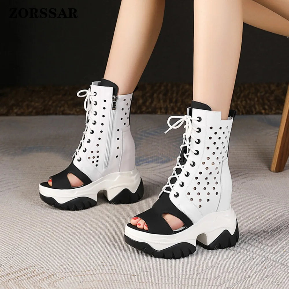 Women's Peep Toe Wedge Boots Summer Hollow Out Lace Up Side Zipper Platform Wedge Heel Breathable Fashion Retro Casual Shoes