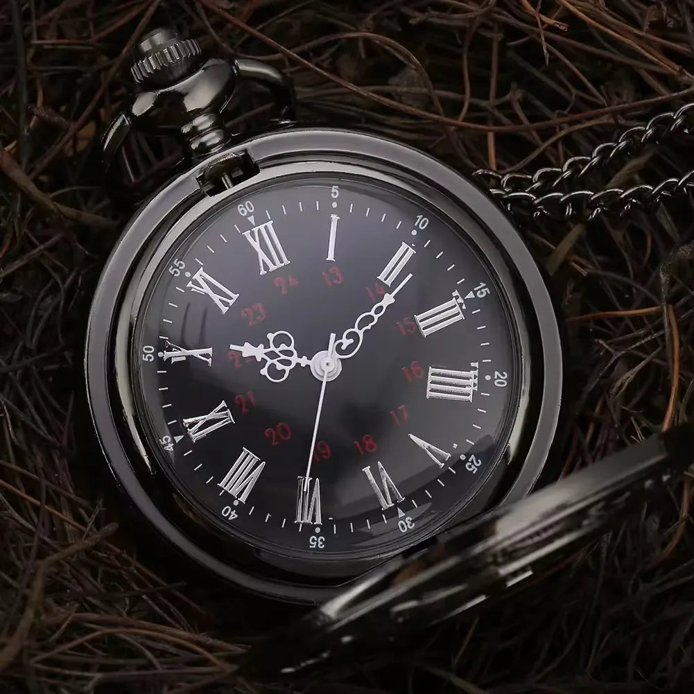 Vintage Steampunk Gift Necklace Pendant Black Roman Numerals Quartz Mens Pocket Watch with Chain for Boyfriend