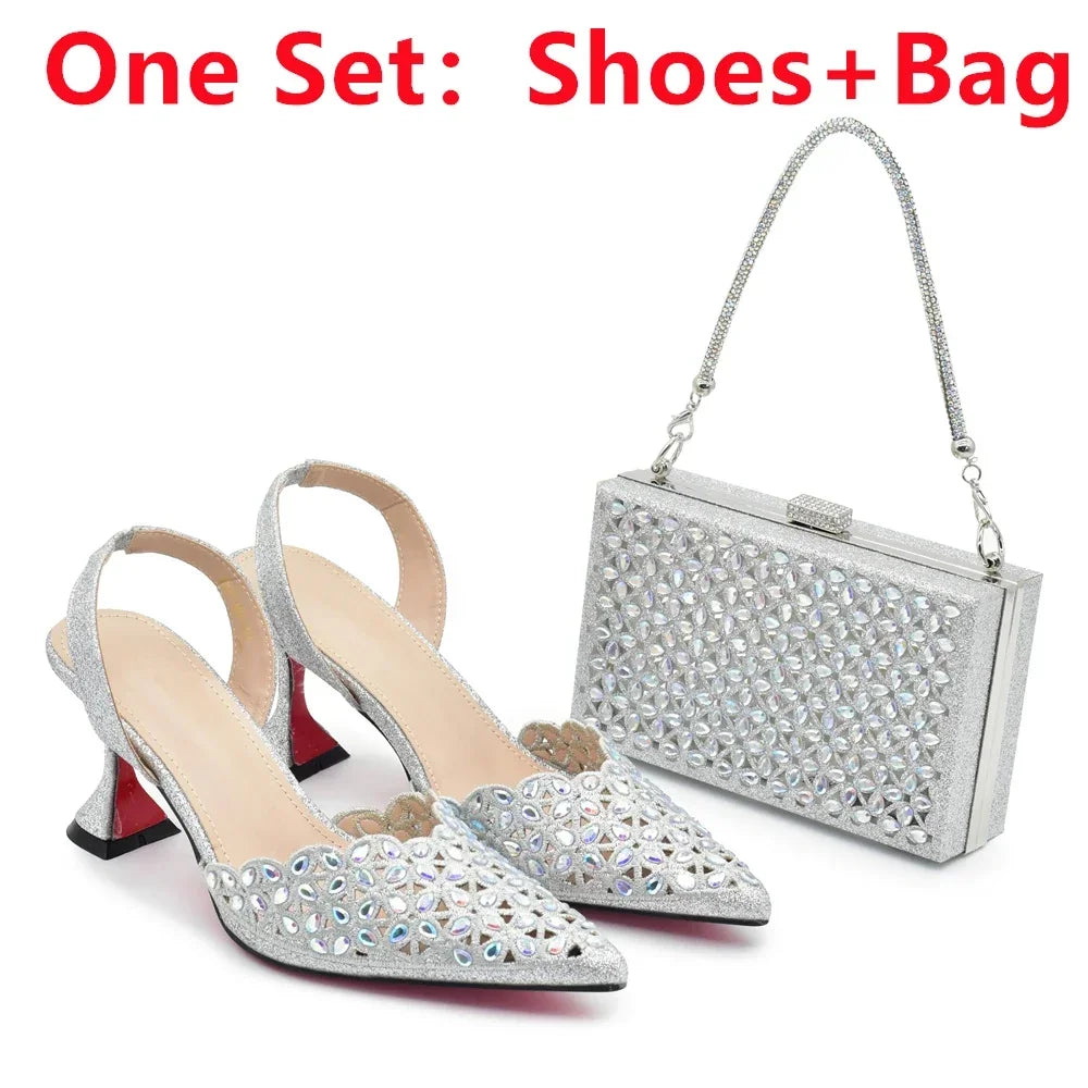 New Design Nigerian Women Shoes and Bag Set Decorated with Rhinestone in Italy African Party Luxury Heel Shoes Pumps with Heels