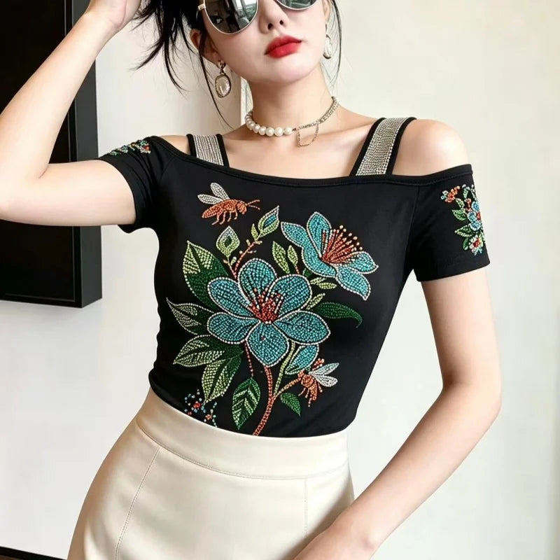 High Quality Elasticity Clothes Fashion T-Shirts Women's Sexy Off Shoulder Shiny Diamonds Mesh Tops Summer Tees Shirt