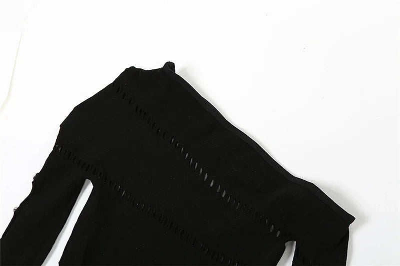 Black Night Party Lace Jumpsuits Woman Long Sleeve Skew Collar Hollow Out Patchwork Skinny One Pieces Rompers Womens Jumpsuit