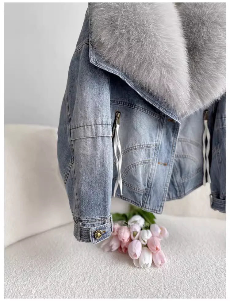 Winter Thickened Short Denim Jacket Fashion Parkas Jeans Jacket Luxury Fur Coat Removable Fur Collar Cotton Jacket New