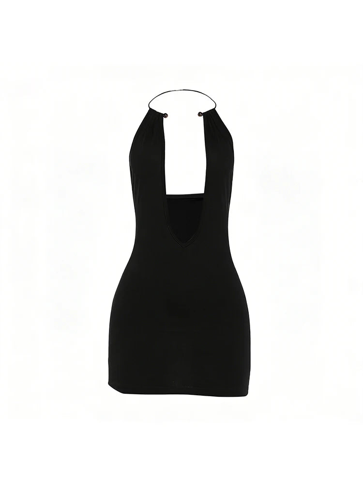 Weird Puss Sexy Backless Dress Woman Summer Trend Metal Ring Halter Low-Neck Sleeveless Hottie Midnight Club Party Mini Bodycon