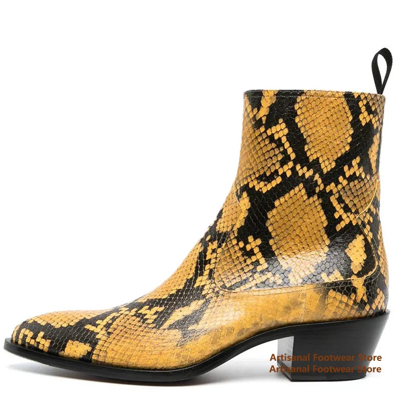 Snake Pattern Chelsea Boots Designer Side Zipper High-Top Men's Boots British Style Trendy Handmade Height Increased Men Boots