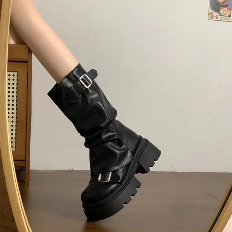 Women's Chunky Platform Motorcycle Boots Vintage Slouchy Mid-Calf Biker Shoes Matte Leather Buckle Booties