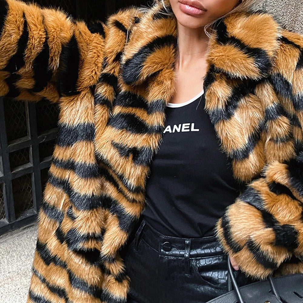 2026 Winter Plus Size Faux Fur Long Coat Women Tiger Long Sleeve Fluffy Jacket Ladies Large Thick Warm Furry Cardigan Outwear