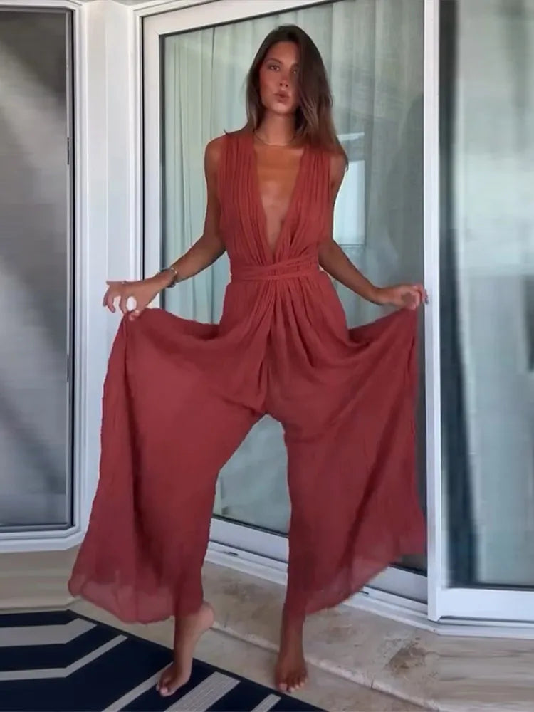 Sexy Women's Jumpsuit Deep V-neck Sleeveless Wide Leg Female Solid Jumpsuits 2026 Summer Fashion Chic Beach Vacation Lady Outfit