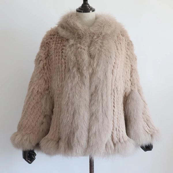 Rabbit Fur Knitted Cape Fox Fur Collar Shawl Autumn Winter Warm Genuine Rabbit Fur Pashmina Women's Rabbit Fur Top Cat Poncho