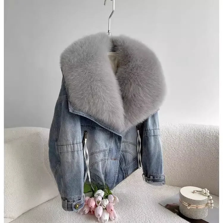 Winter Thickened Short Denim Jacket Fashion Parkas Jeans Jacket Luxury Fur Coat Removable Fur Collar Cotton Jacket New