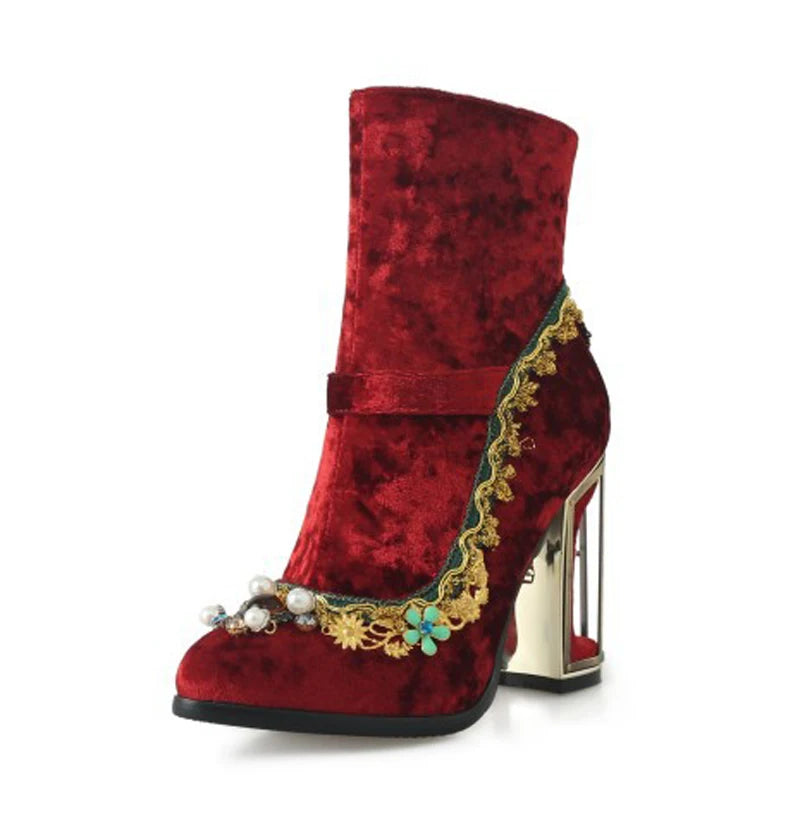 Royal Gemstone Jeweled Flower Velvet Ankle Boots Floral Crystal Cage Fretwork High Heels Blue Red Black Woman Bridal Booties