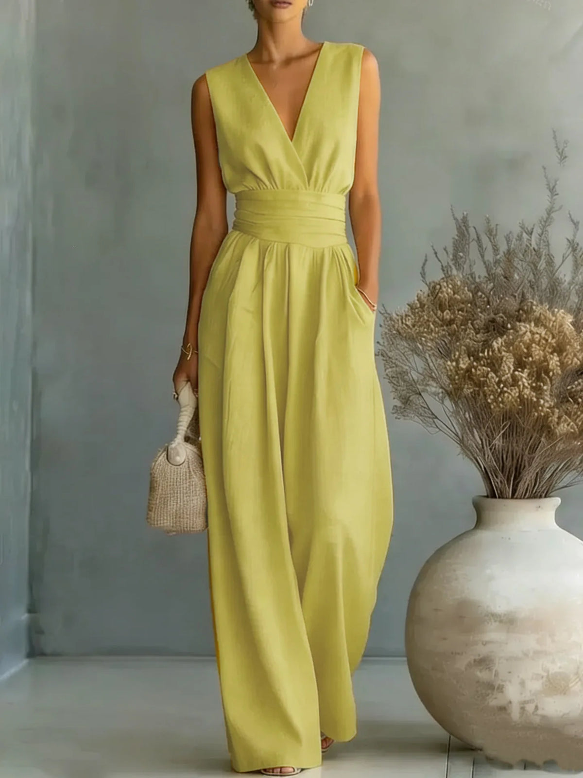 2026 V Neck Women's Jumpsuits Elegant Solid High Waist Rompers Casual Wide Leg Pants Pocket Overalls Vacation Outfit Loose