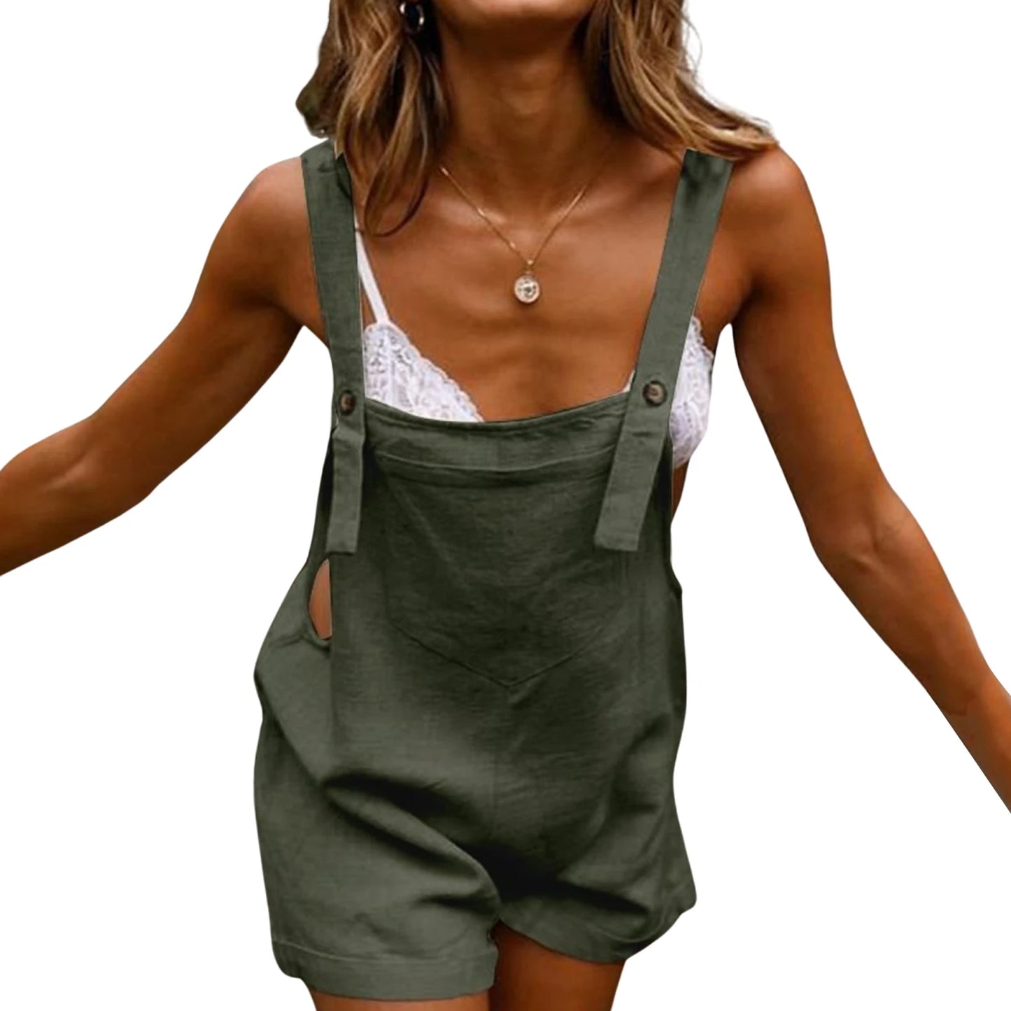 New Women Cotton and Hemp Loose Button Casual Backband Pants Square Neck Sleeveless Shorts jumpsuit White/Black/Military Green