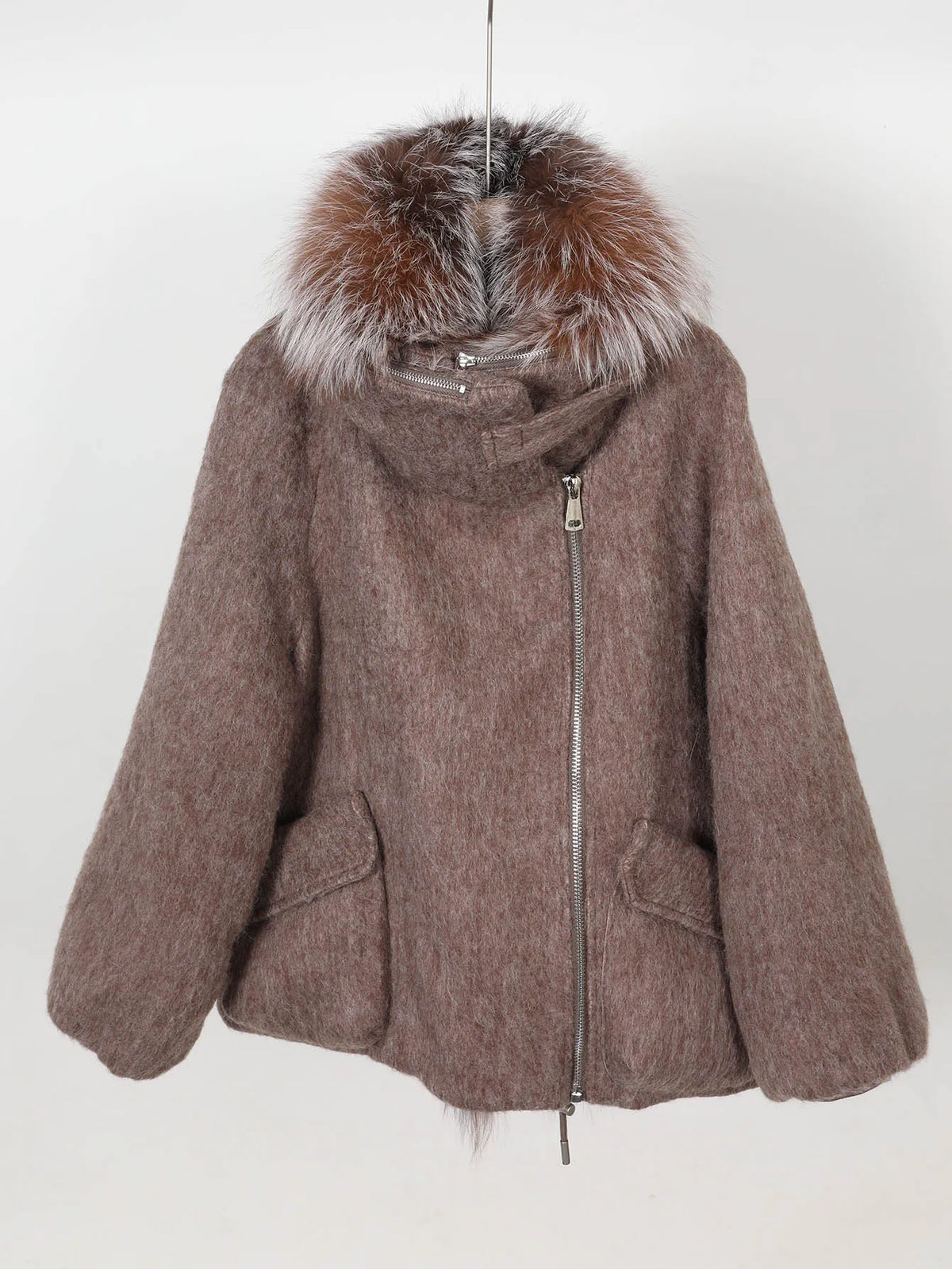 Maomaokong high-end Wool fabric Luxury Women's Big Fox Fur Collar Puffer Jacket Natural Fur down Coat Winter Thickened Warm