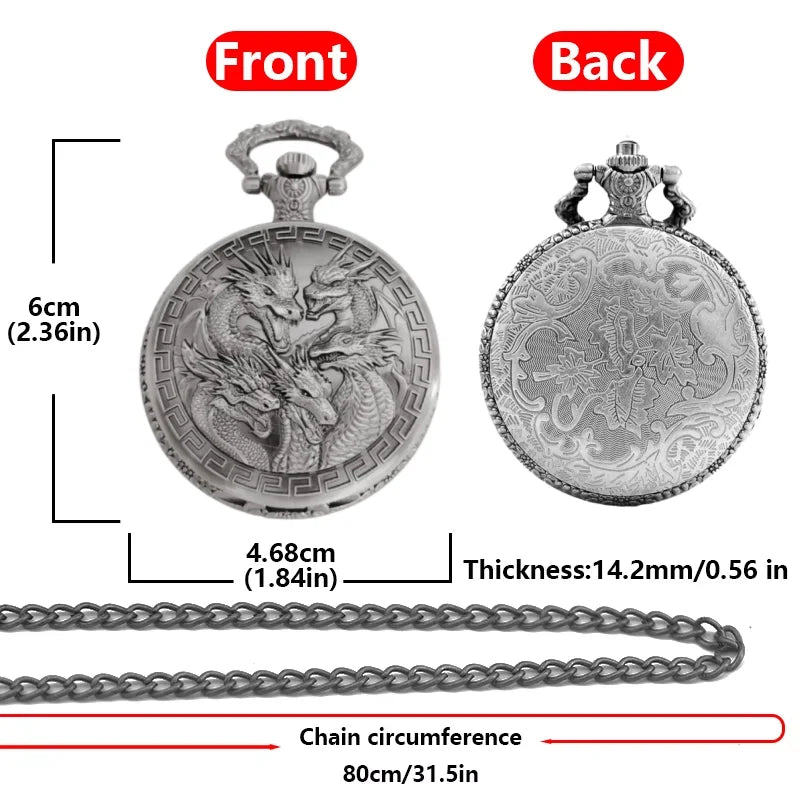 Vintage Steampunk Handsome Dragon Group Carved Quartz Pocket Watch Necklace Pendant Clock Chain Men's and Women's Gifts