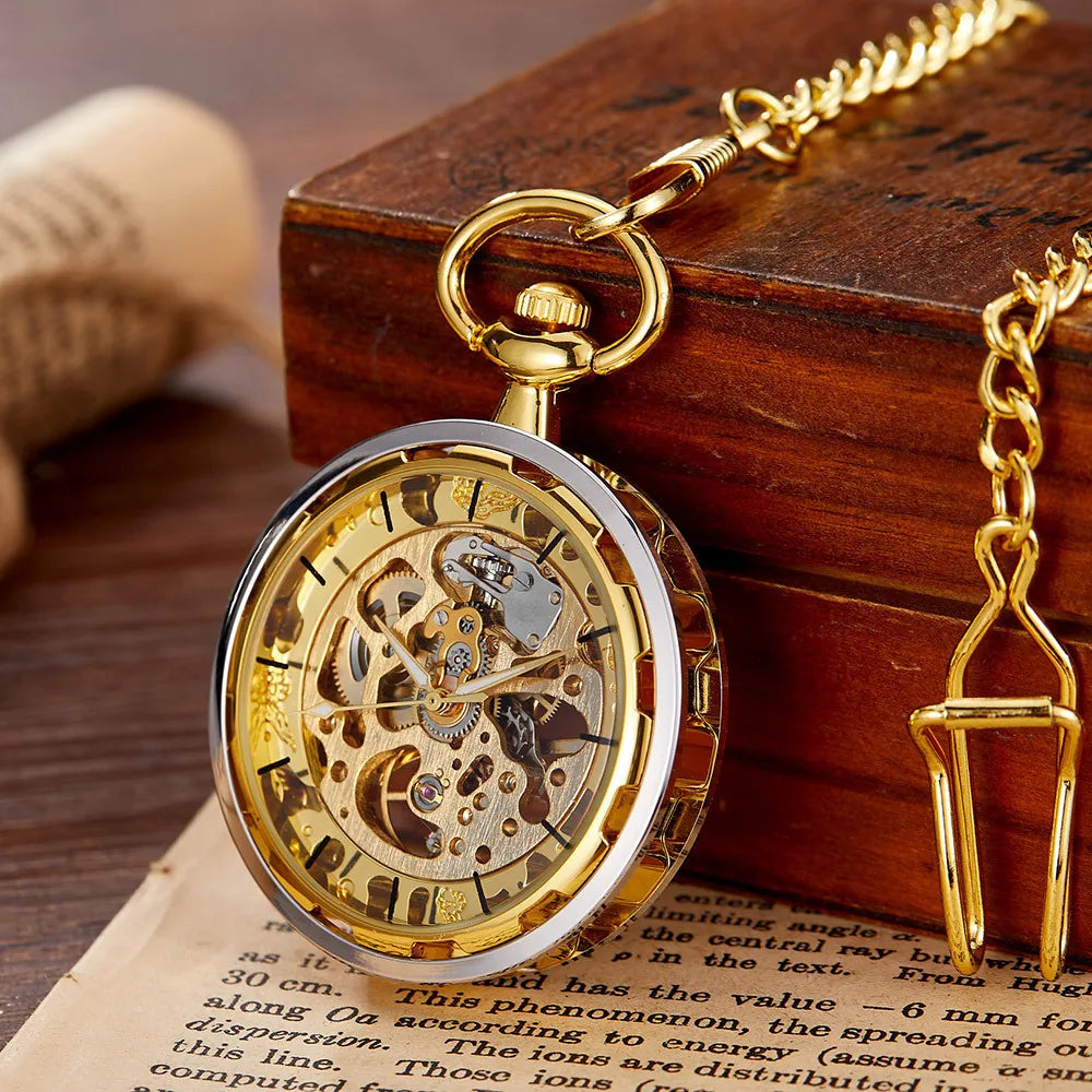 Vintage Transparent Hollow Women Men Skeleton Mechanical Pocket Watch Hand Winding With Waist Belts Chains Gift Watches Clock