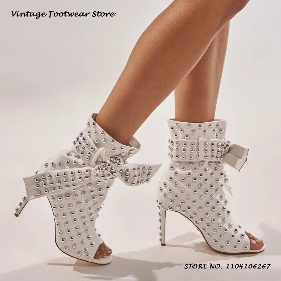 Studded Embellished Summer Boots Chic Round Open Toe Thin Heels Party Outfits Shoes Women's Fashion Casual Lace-up Ankle Boots