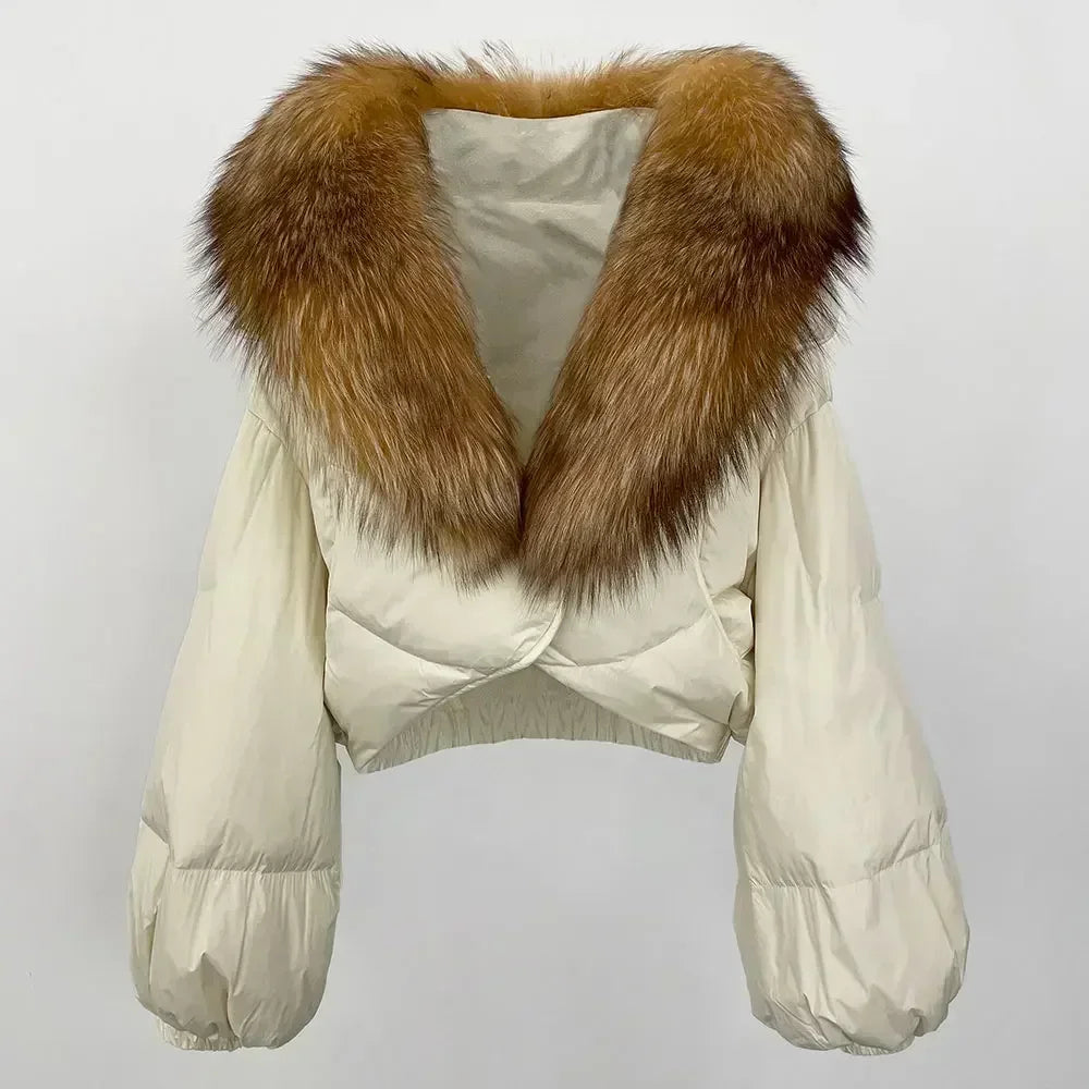 Winter Female White Duck Down Jacket Luxury Loose Short Fashion Casual Women Warm Real Fox Fur Coat Long Sleeve Puffer Jacket