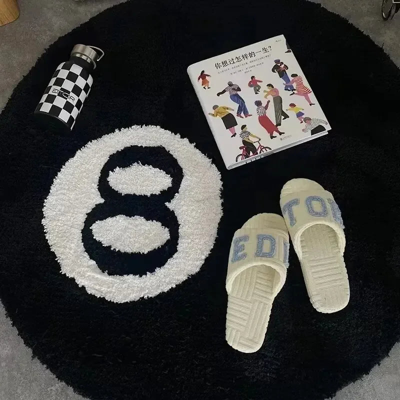 Plush Black 8 Ball Rug Creative Soft Anti-slip 8 Ball Carpet Round Skin Friendly 8 Ball Mat Hoom Decor