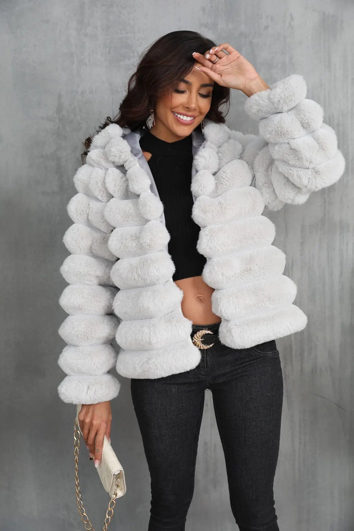 2026 Winter Hooded Plus Size Faux Fur Cropped Coat Women Furry Long Sleeve Plush Jacket Lady Large Fake Fur Warm Fluffy Cardigan