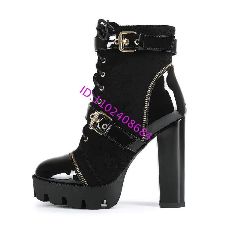 Design Women Black Leather Round Toe Rivets Metal Zippers Block High Heel Thick Bottom Ankle Boots Belt Buckles Platform Boots