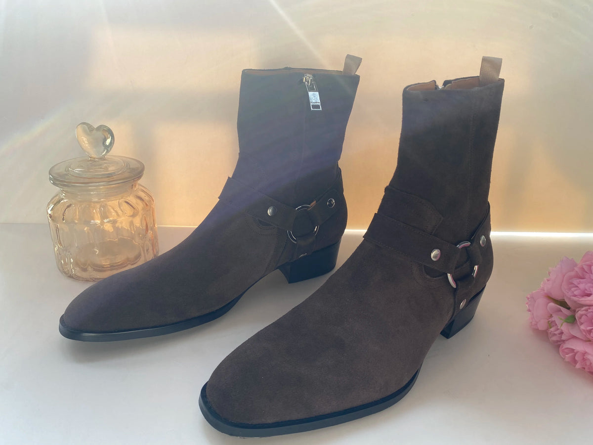 Brown Men Chelsea Boots Handmade High-quality Cow Suede Business Casual Square Toe Mid-heel Men Shoes Motorcycle Boots With Heel