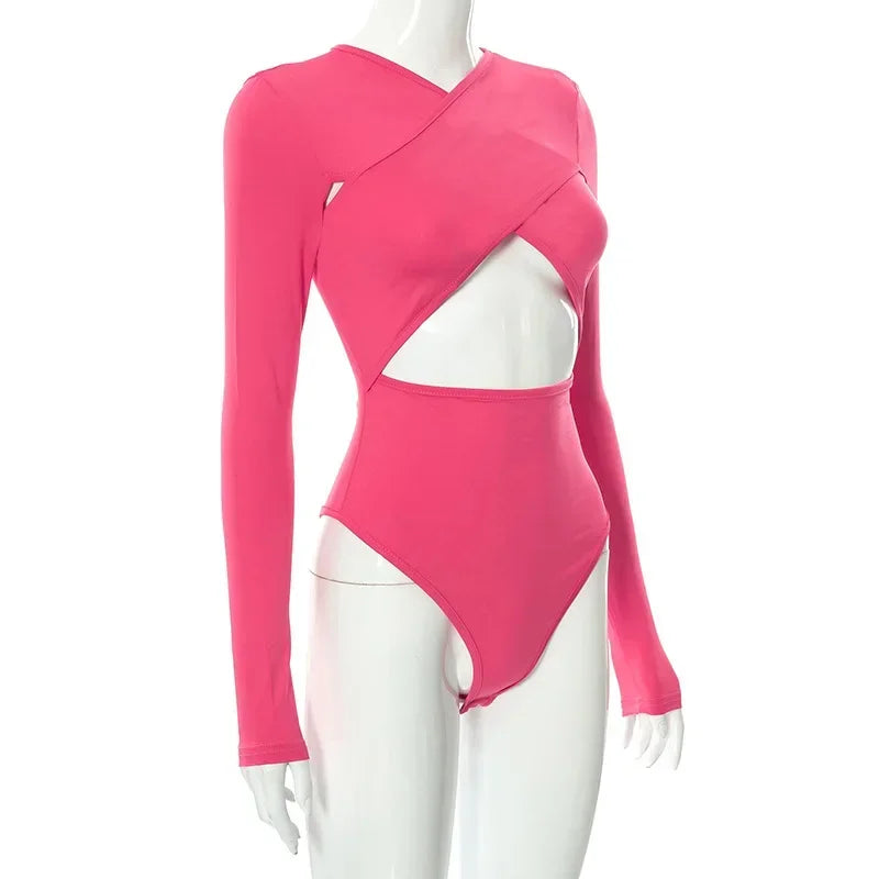 Summer New Women's Jumpsuit Solid Color Cross Hollow Long Sleeve Revealed Waist Slimming Smooths Your Silhouette