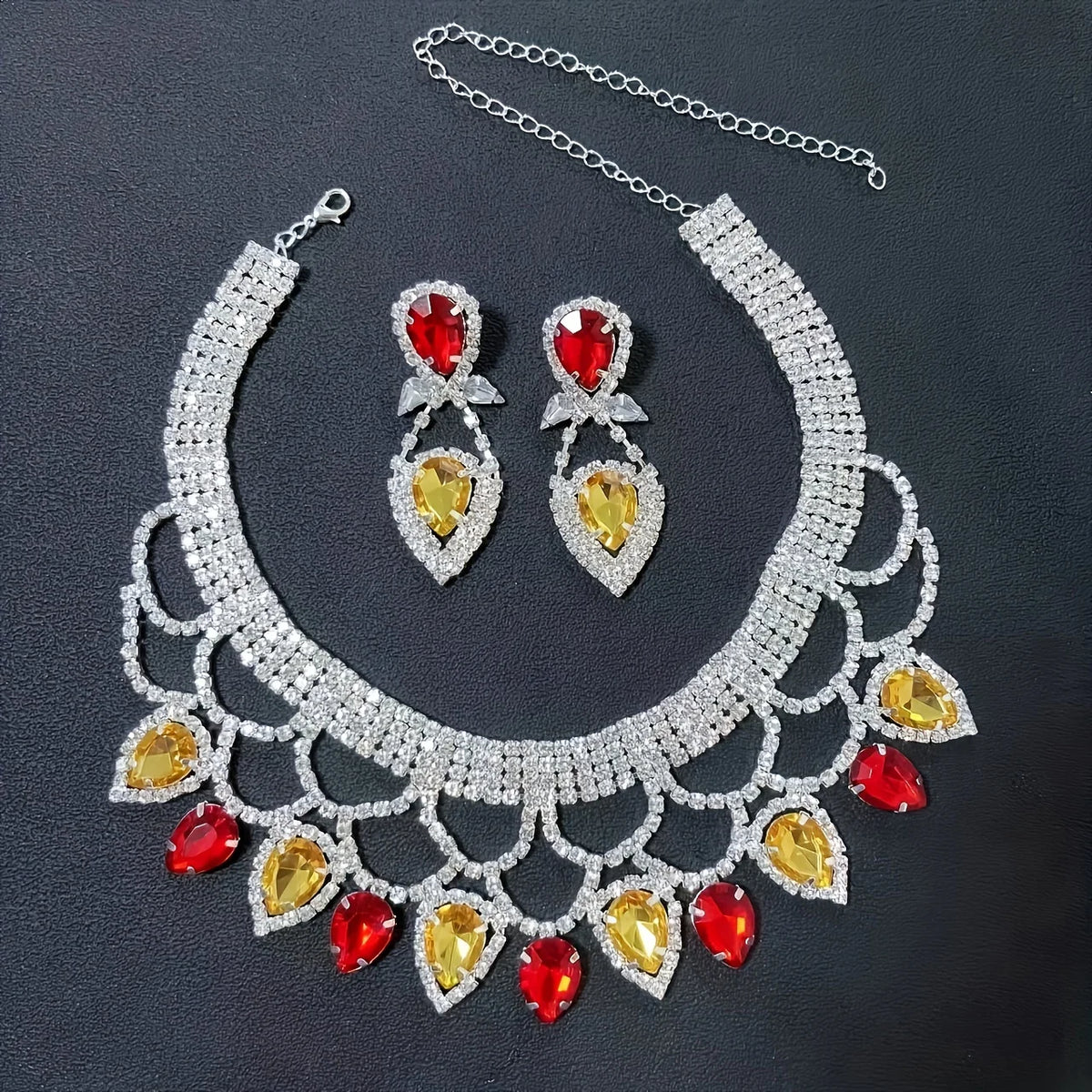 Fashionable Ladies' Exaggerated and Exquisite Handmade Rhinestone Necklace Earring Set, Bride's Dance Dress Jewelry Accessories