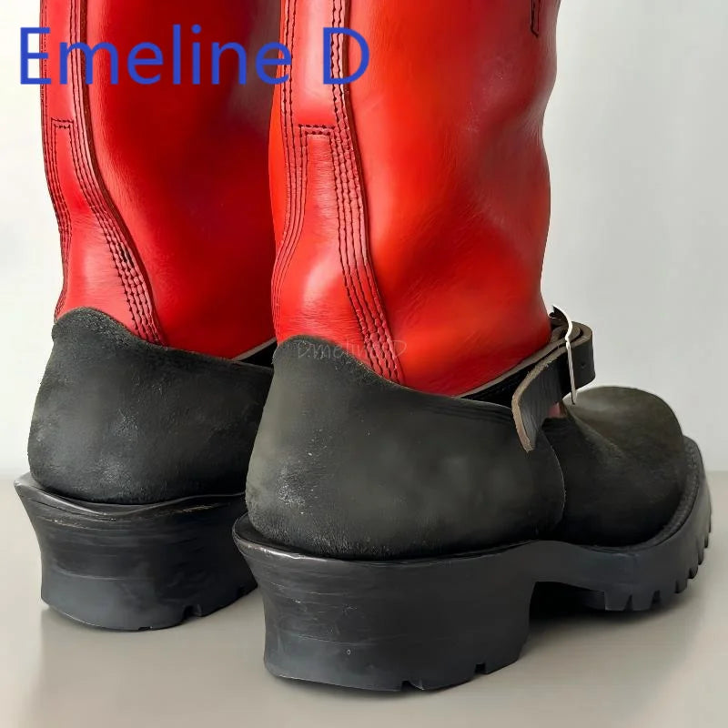 Color Blocked Upturned Western Cowboy Boots Fashionable Leather Splicing Design for Men and Women Square Headed Knight Boots