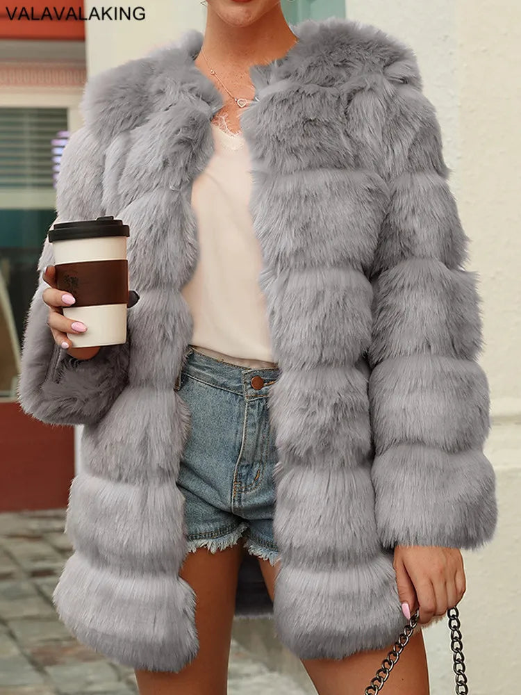2026 Winter Long Sleeve Faux Fur Long Coat Women Elegant Pink Fluffy Outwear Jacket Lady Solid Casual Thick Warm Furry Outwear