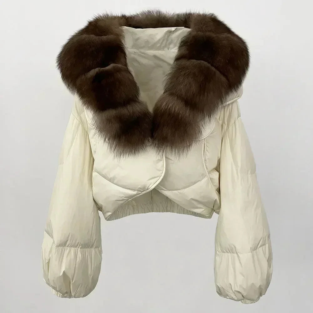 Winter Female White Duck Down Jacket Luxury Loose Short Fashion Casual Women Warm Real Fox Fur Coat Long Sleeve Puffer Jacket