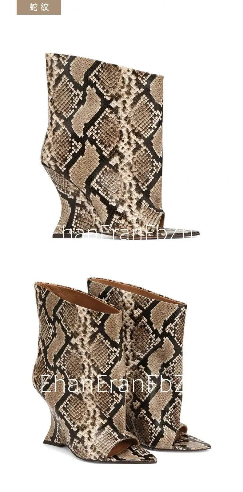2006SoleLadies'-Spring/Summer-New-Fish-Mouth-Slope-High-Heel-Short-Boots-with-Pointed-Toe-Exposed-Cool-Boots,-Mid-Top-Boots