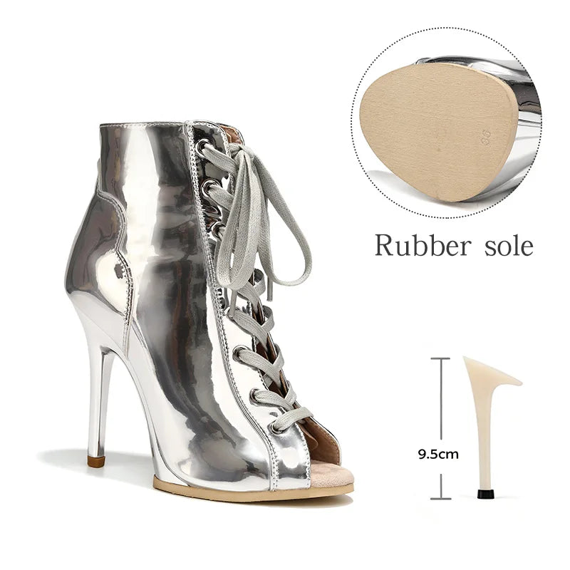 Women Sexy Thin High Heel Dance Shoes Party Ballroom Pole Jazz Lace Up Platform Dancing Boots Short Tube Heels 8.5/9.5CM Booties